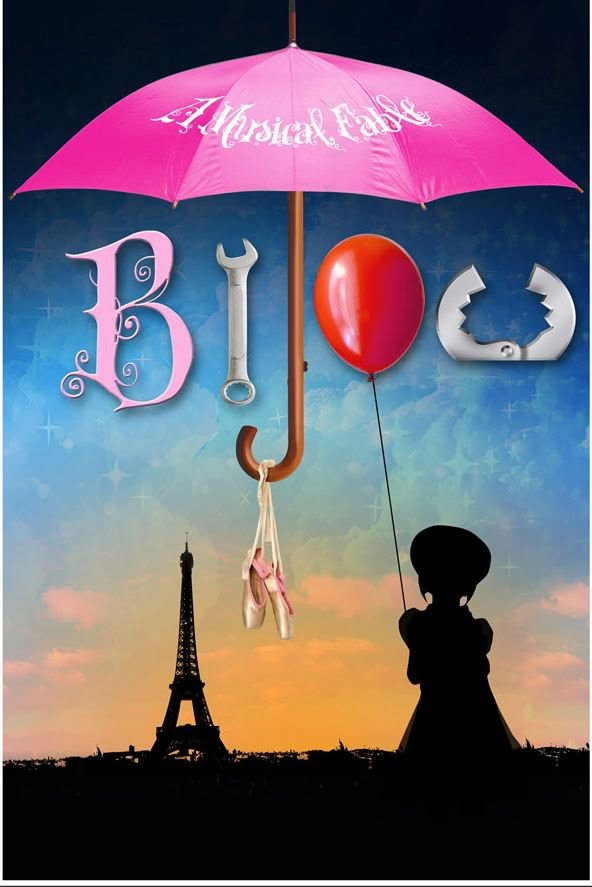 Bijou and the 'Bots poster — a hot pink umbrella over the title, spelled out with a wrench, an umbrella handle, a red balloon and a clamp, with ballet slippers hanging from the hook and a child holding a balloon on the horizon