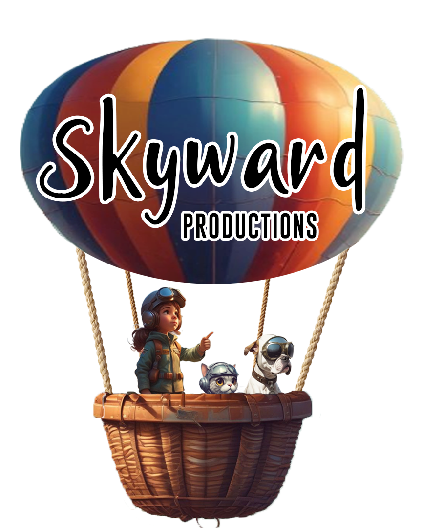 Skyward Productions hot air balloon with a young explorer, a cat, and a dog in the basket